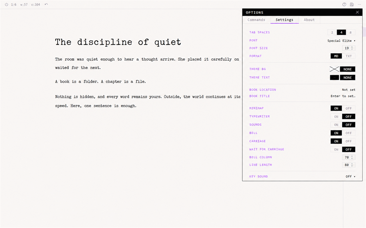 Pergament's settings panel with typography, file format, theme, minimap, typewriter, and sound controls