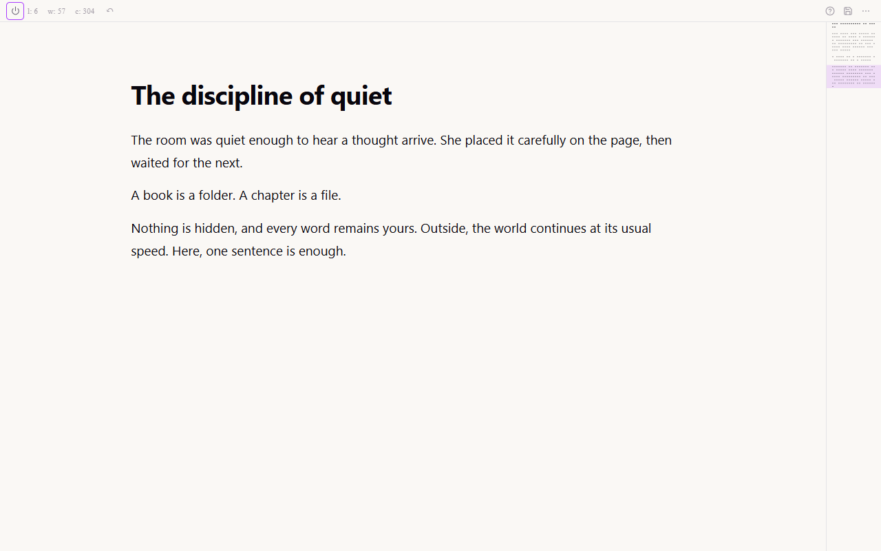 Pergament's distraction-free writing view showing a chapter with the interface reduced to a slim status bar and minimap